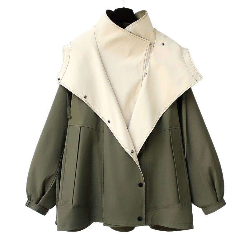 2025 Autumn New European and American Women's Fashion Loose Turn-Down Collar Hooded Zipper Patchwork Trench Coat
