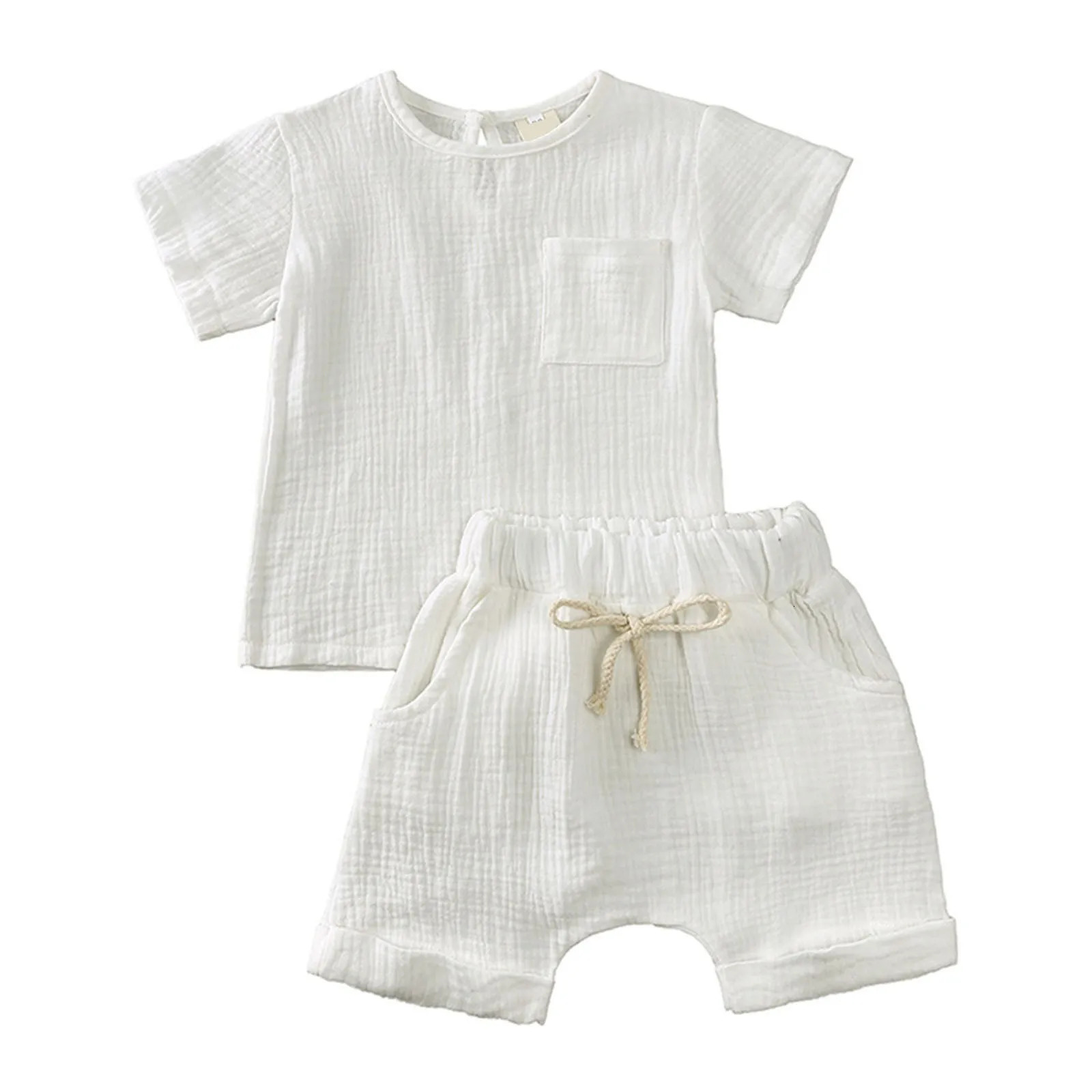 Cotton and linen childrens clothing girls clothing summer boys clothing set solid color short sleeved top short sleeved childrens clothing 250409