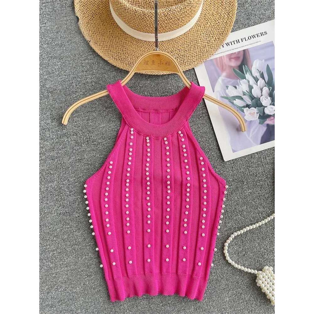 Zik Hekiy Pearls Women Tops Strapless Backless Slim Fit Senior 2024 Korean Style Fashion Streetwear Mini Knitted Tank