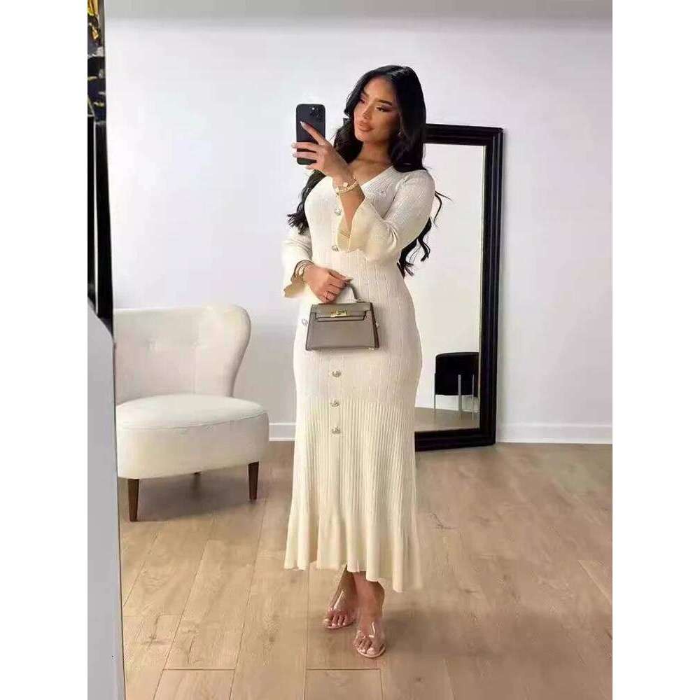 Elegant Knitted Long Dress Women Flare Sleelve V Neck Ruffles Single Breasted Bodycon Dresses Party Fashion Office Lady Vestidos