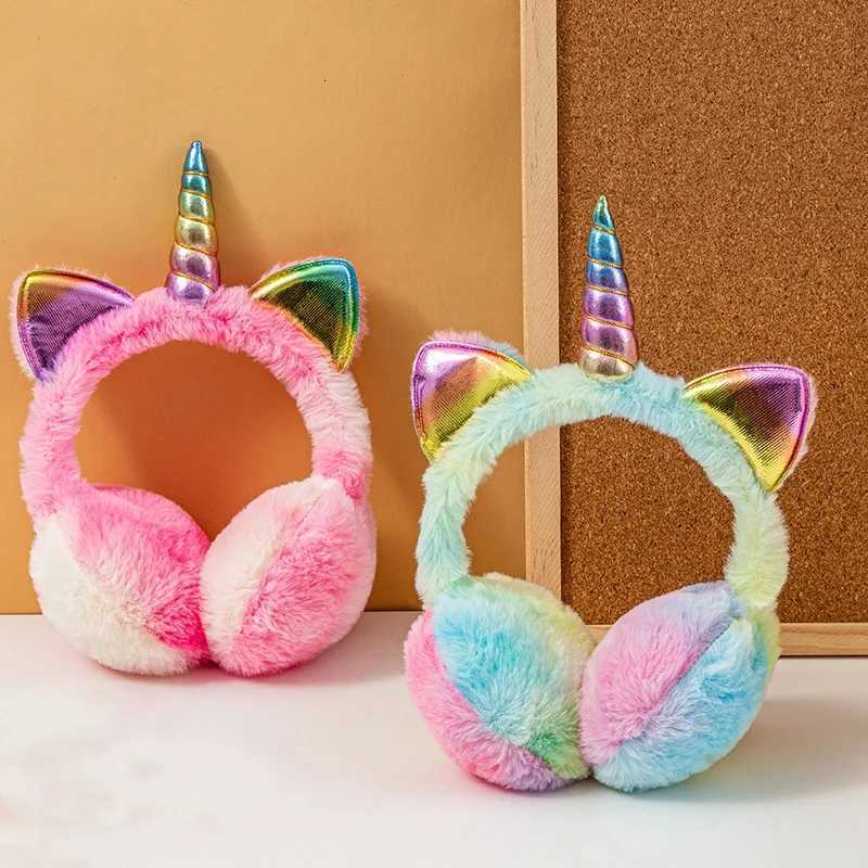 Children Kids Winter Warm Colorful Unicorn Thermal Earmuffs Tie-dye Fur Hat Cat Ears Shape Ski Snow Soft Plush Fluffy Earflap W251110