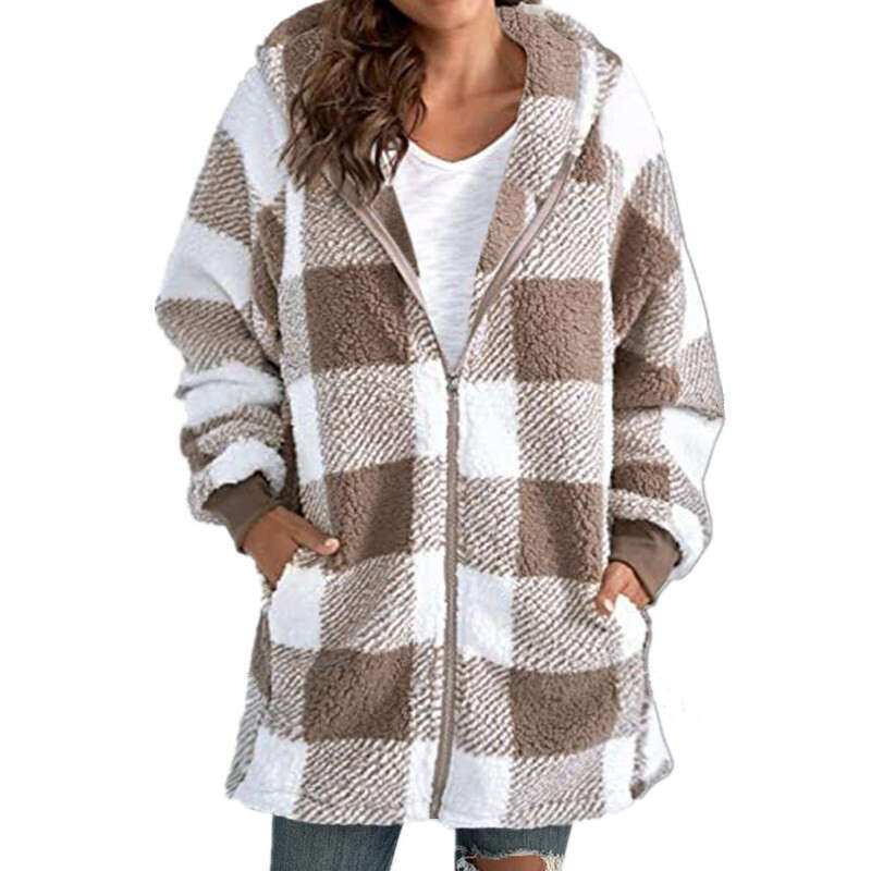 European and American Style Plush Women's 2024 New Amazon Long Sleeve Plaid Hooded Zipper Pocket Loose Jacket