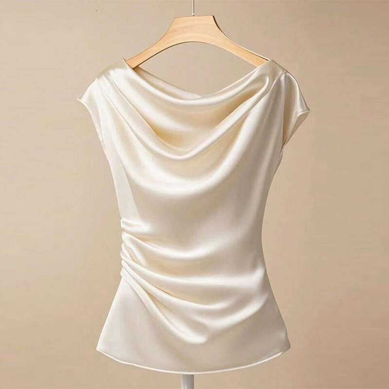 Cross-Border European and American Style Elegant Mature Satin 2025 Summer Amazon French High-End Slimming Shirt for Women