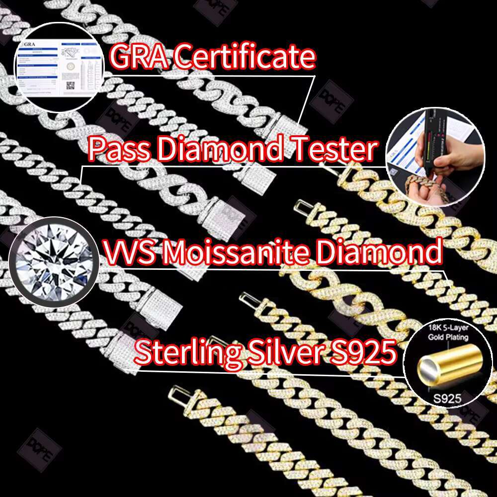 Hiphop Jewelry Cuban Link Chain 4 Rows 20mm S925 Gold Plated Vvs Iced Out Moissanite Cuban Chain