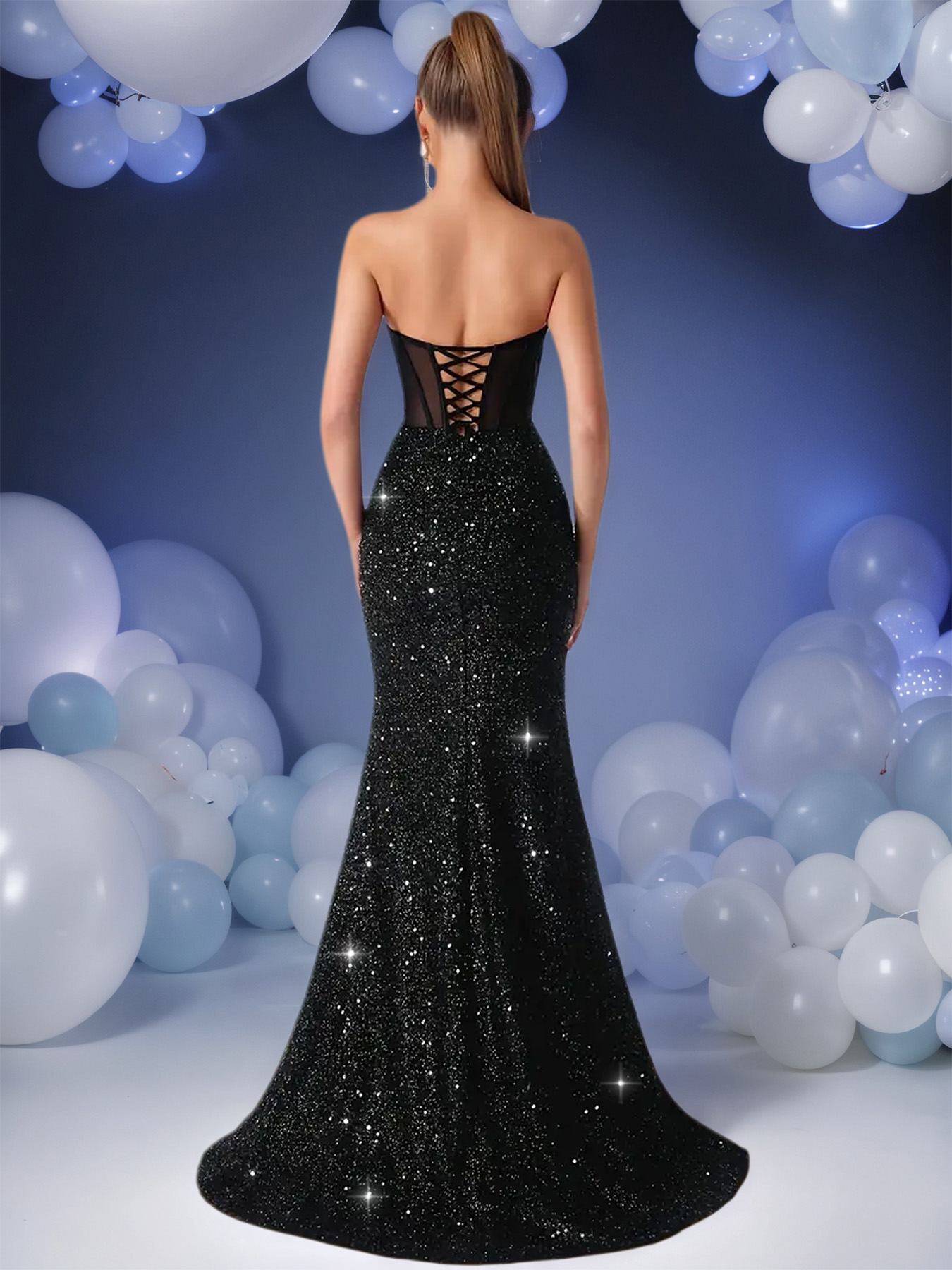 Women's Elegant Sexy Sequin Mermaid Evening Gown, Side High Slit Bodycon Maxi Dress---D398