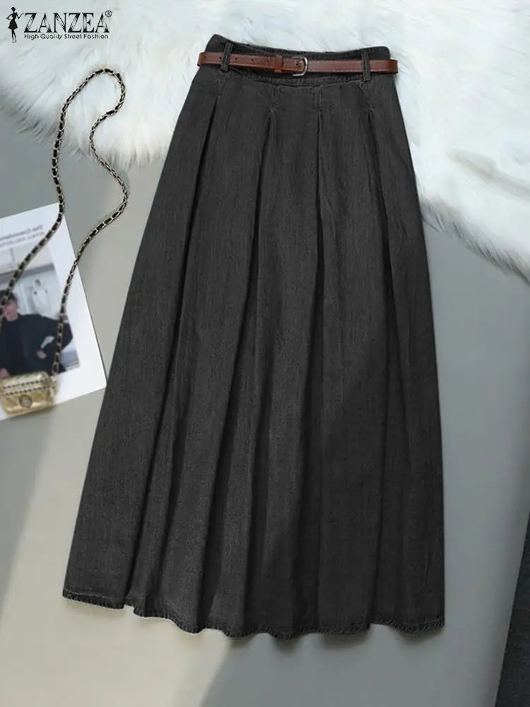 ZANZEA Womens Retro Cowboy Skirt Korean Fashion Elastic Waist Overskirts Autumn Fold Maxi Jupe Casual Loose Solid Faldas 250410