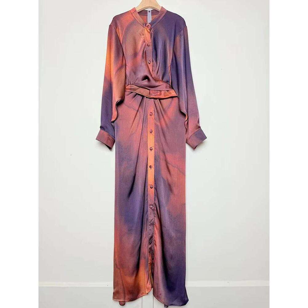 Vintage Geometric Printed Stand Collar Twist Waist Dress 2025 Spring Women's Single Breasted Shirt Loose Straight Skirt