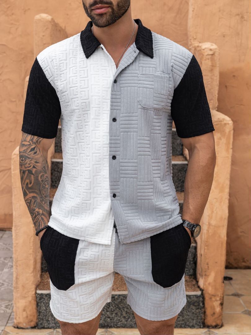Tem 2025 Summer Mens Casual Sports Set Jacquard Knitted Shirt Mens Shorts Set Trendy