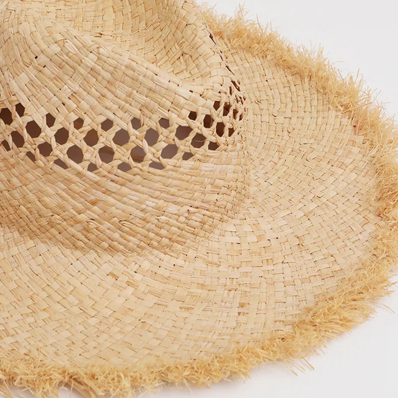 Korea Seaside Vacation Raffia Beach Hat Womens Hand Woven Straw Woven Panama Sun Hats Fashion Jazz Top West Cowboy Straw Hat 250409