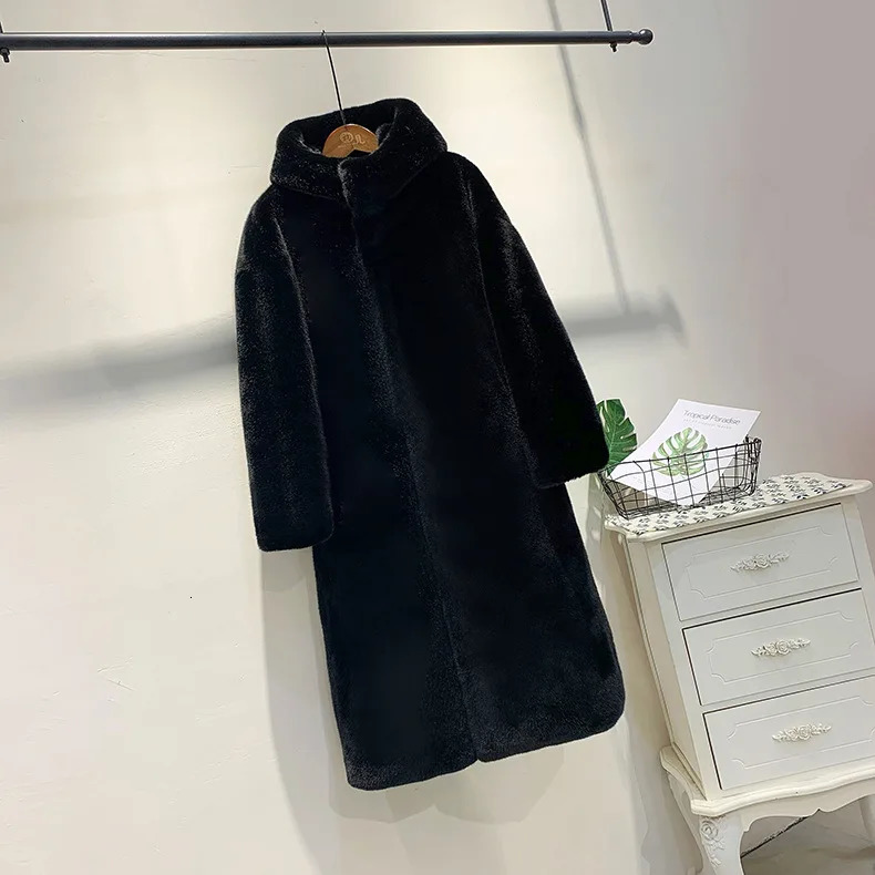 Winter Women Artificial Fur Jacket Single Breasted Hooded Lady Mink Furry Long Pockets Faux Coat For Female 251110