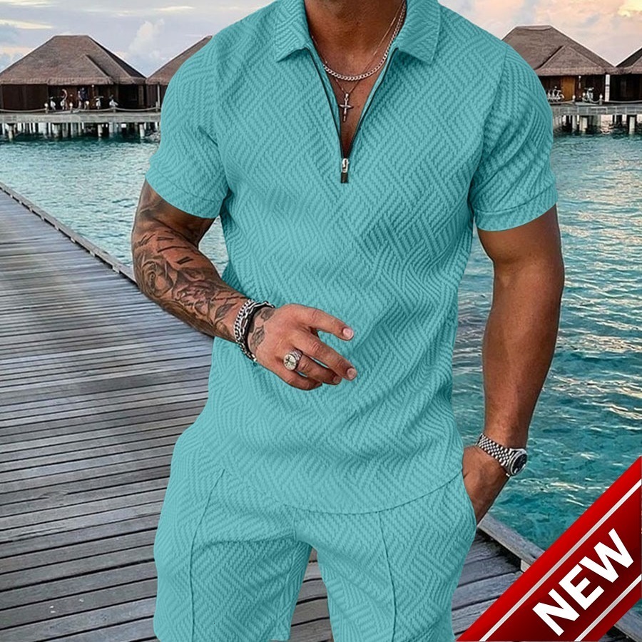 2025 mens new casual contrast Polo zipper Lapel short sleeve suit
