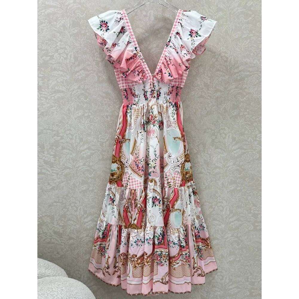 Retro Bohemian V-Neck Back Strap Sexy Long Skirt 2025 Summer Women's New Print Design Seaside Holiday Big Swing High Waist Dress