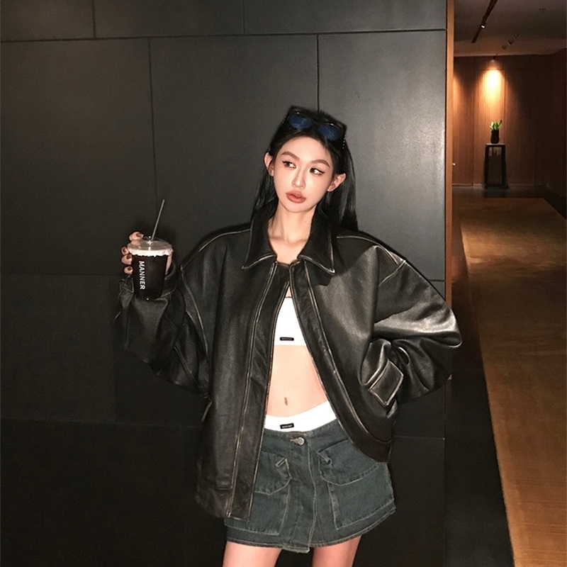 Lautaro Spring Autumn Cool Handsome Retro Oversized Distressed Brown Soft Faux Leather Jackets for Women Zipper Runway Fashion 251105