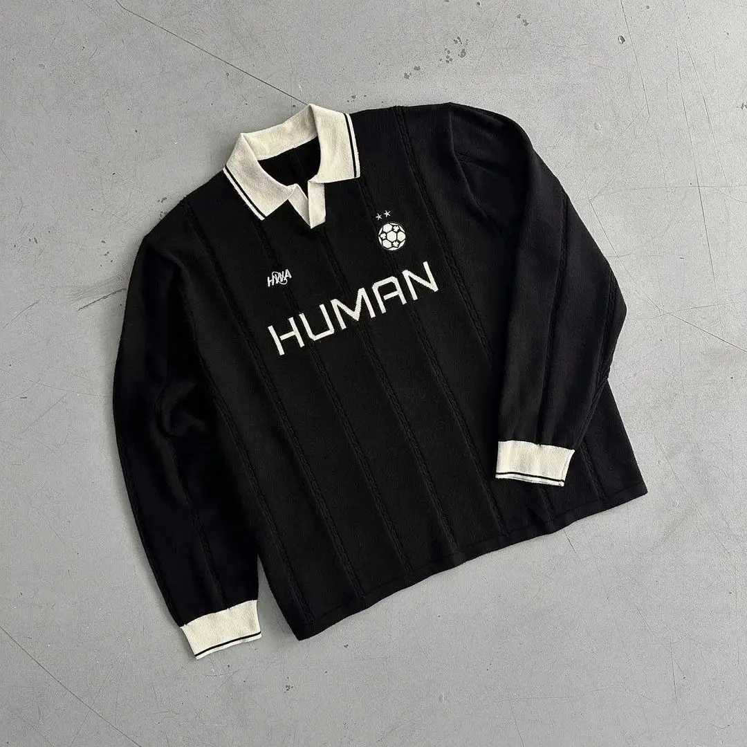 Fashion American Street Brand HUMAN Embroidered Polo Sweater Unisex Football Element Lapel Long-Sleeve Retro Loose Knit Top Y251110