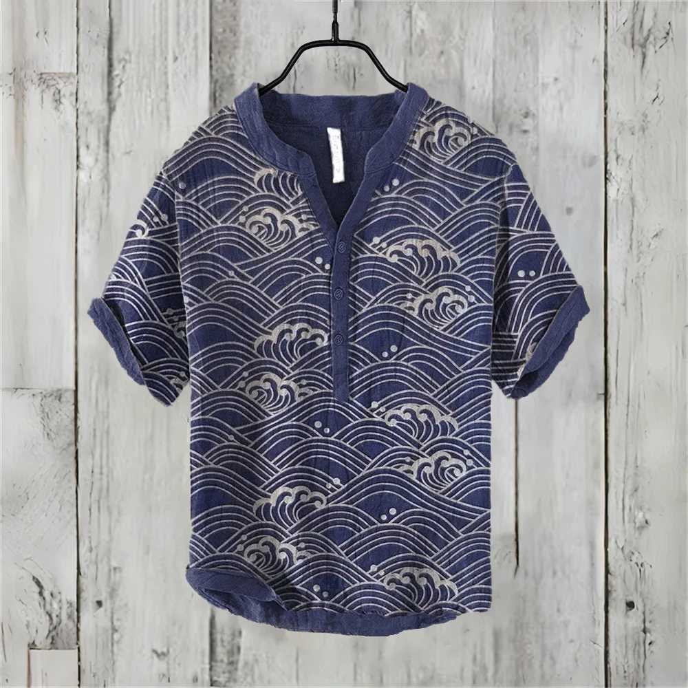 Mens short sleeved shirt imitating linen shirt hot selling casual Japanese retro Hawaiian vacation mens clothing X250410
