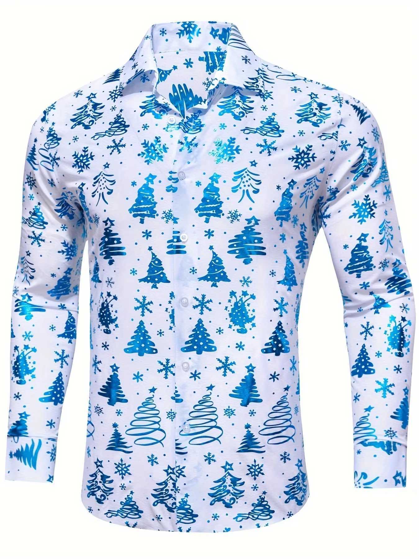 Mens Opulent Holiday 3D Golden Christmas Tree Print Formal Shirt Long Sleeve Party Wear K251110