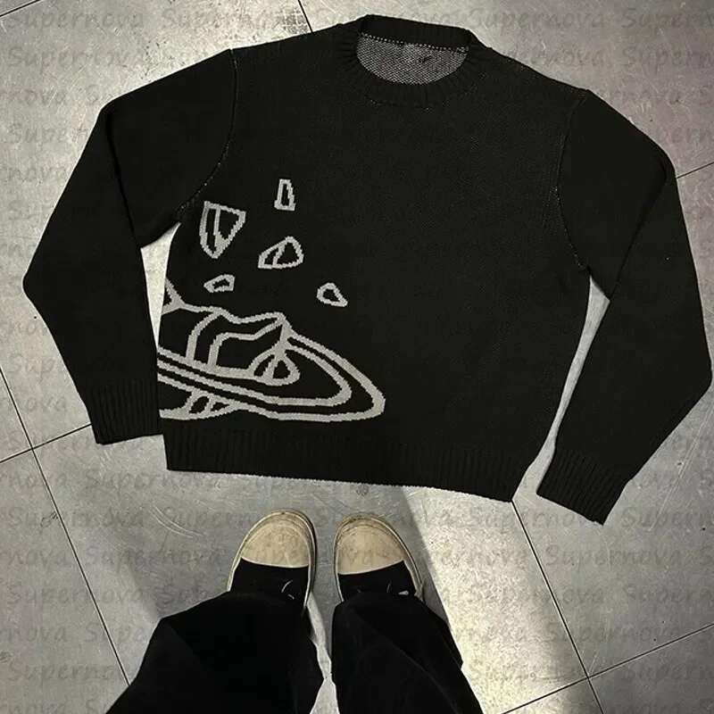 2024 Y2k Traf Ladies Black Thermal Top Men's Loose Comfortable Clothes Sweater Planet Cosmic Star Knit Jumper Teen