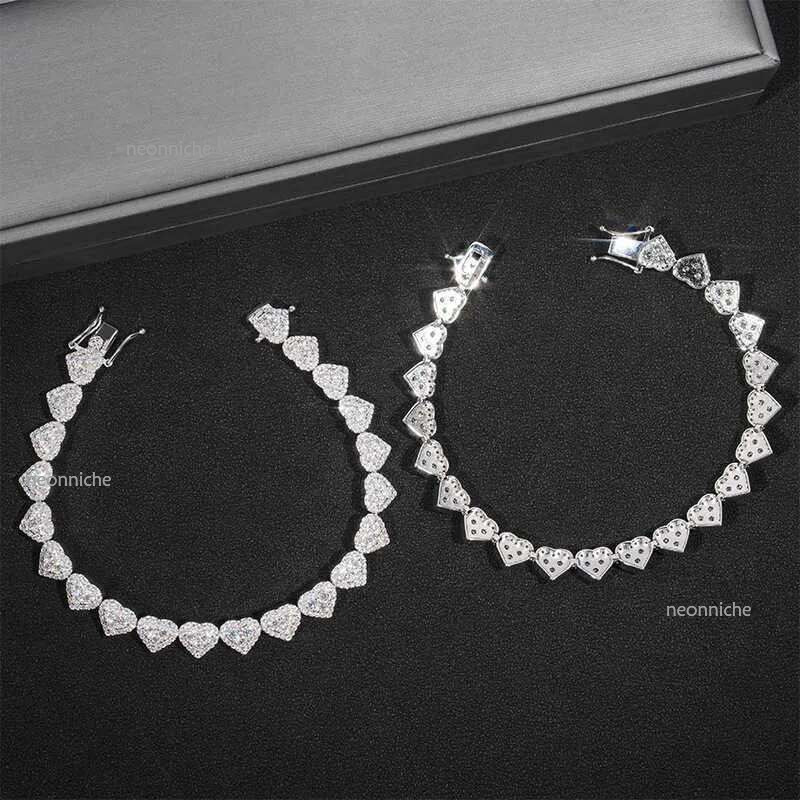 Fine Hip Hop Sier VVS Moissanite Dia Iced Out Heart Bracelet Tennis Chain Jewelry Women Men Necklace