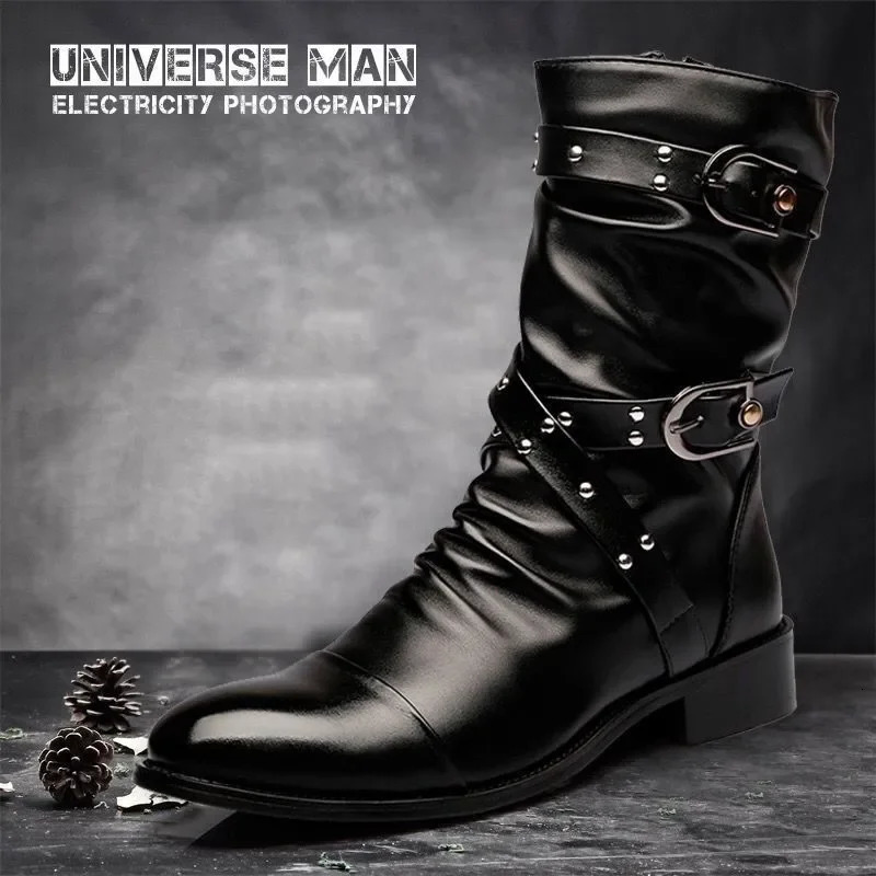 Mens Leather High Quality Mid Tube Boots Fashion Classic Autumn Winter Black Punk Rock Shoes Casual Men Womens Plus Size 38--48 251107