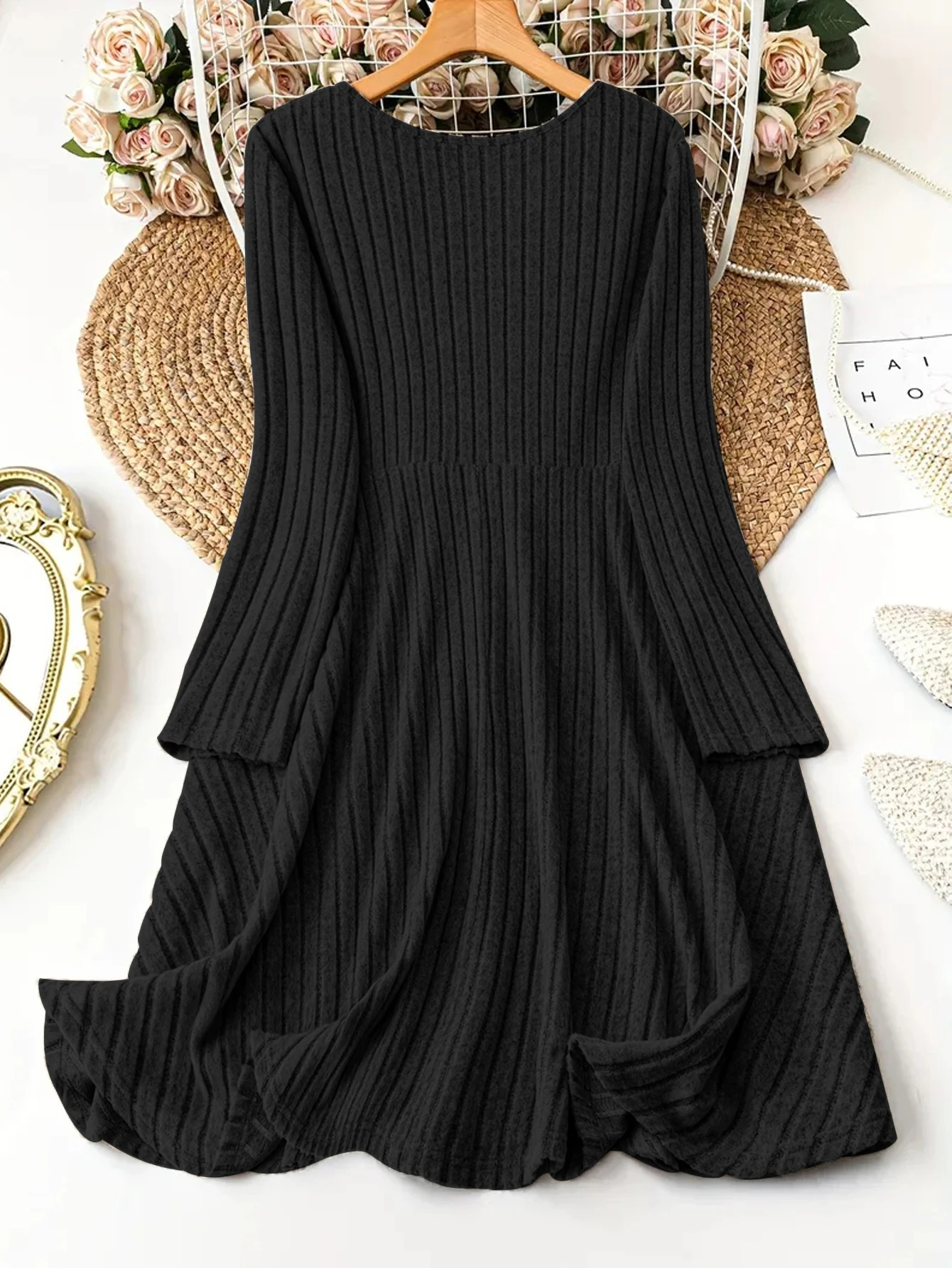 Plus Size Womens Solid Color VNeck Long Sleeve Pit Stripe Dresses 251110