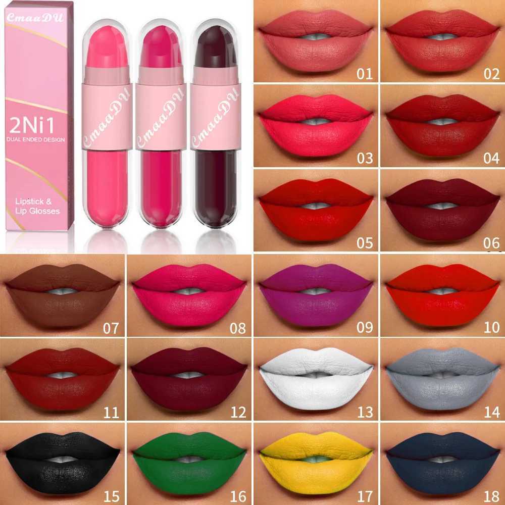 18 Colors 2 in 1 Matte Lipstick Liquid Purple Lip Glaze Double Head Lip Makeup Lasting Waterproof Velvet Sexy Dark Red LipsticksT251110