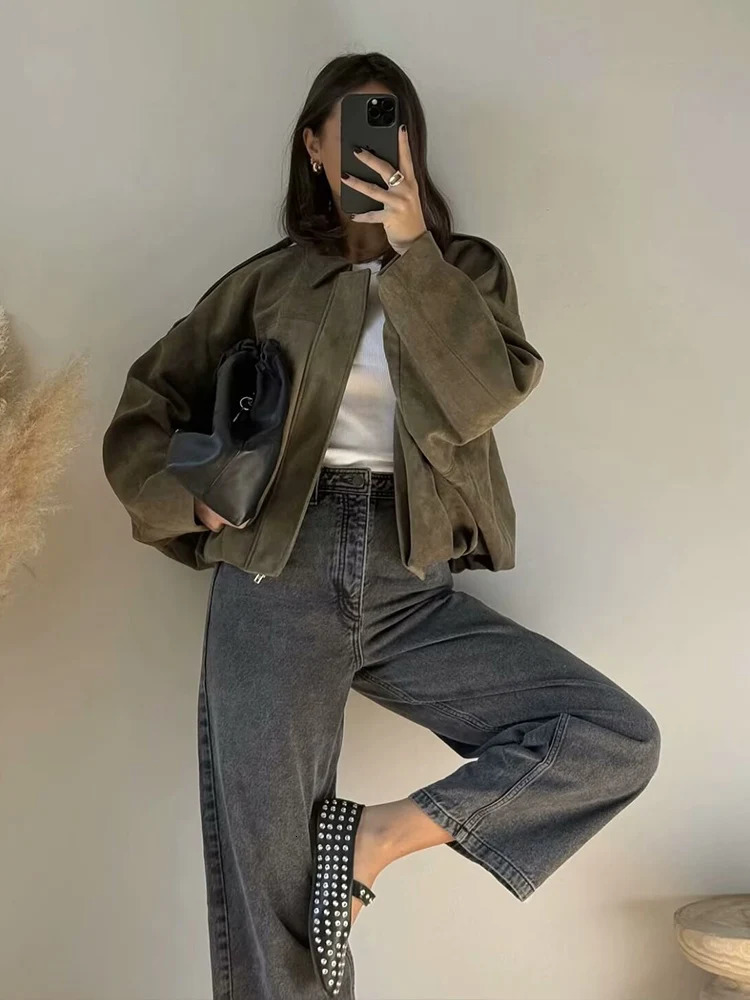 Women Green Suede Jacket Spring Fashion Long Sleeve Zipper Oversize Bomber Coat Chic Female High Street Outerwear 251110