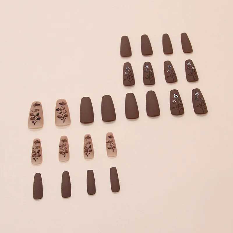 24 pieces of caramel flower pressed on nails pink gradient fake nails smooth artificial fingers reusable female fake nails W250410