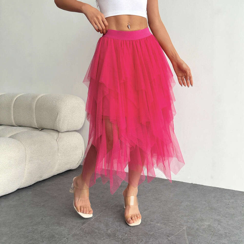 Irregular Mesh Midi for Women, Mid-Length, 2025 Spring New High Waist Versatile Slimming Skirt