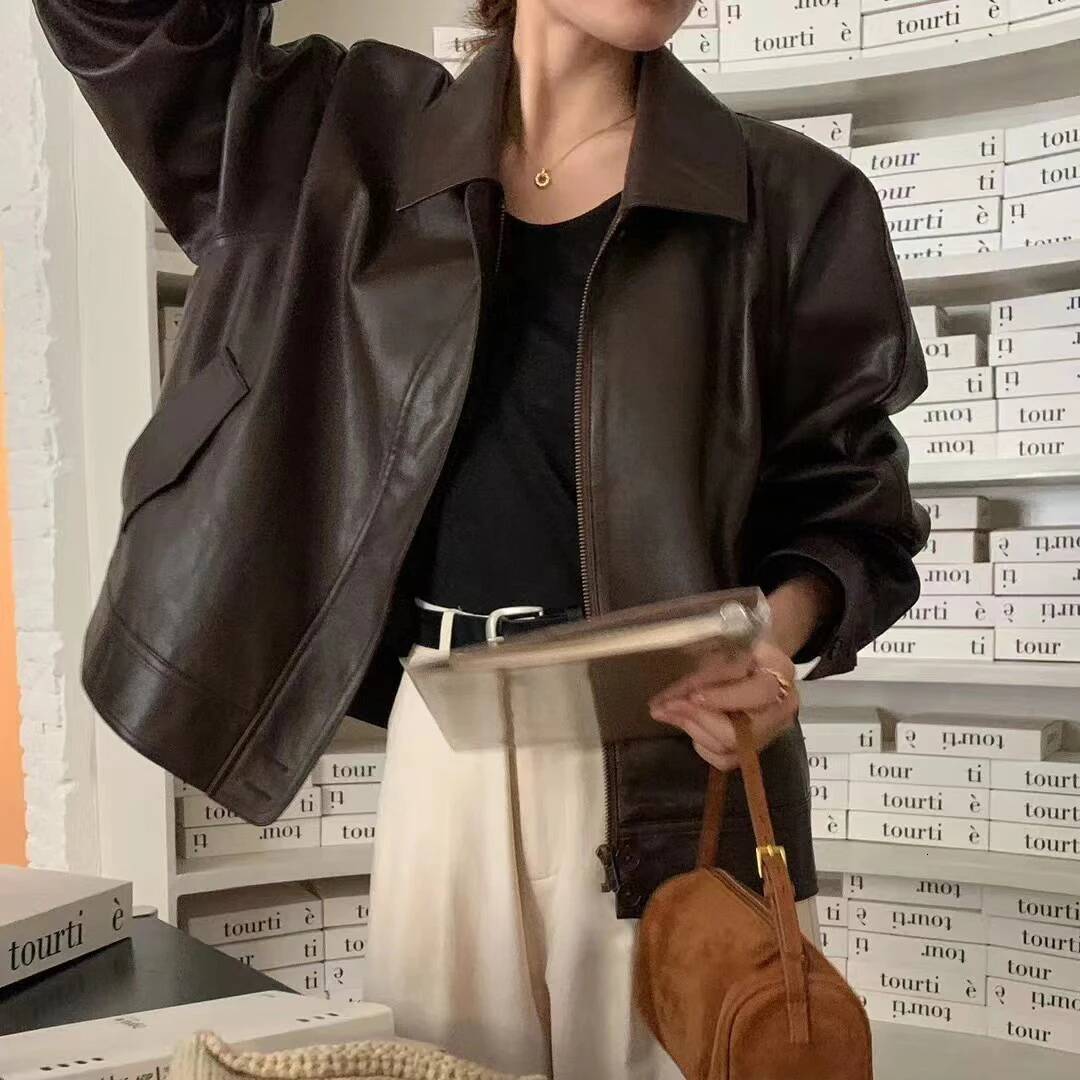 2Colors Turn Down Collar Chic PU Leather Biker Jacket Outerwear Long Sleeve Loose Vintage Women's Commute Autumn Spring 2026 dongdumaoyi