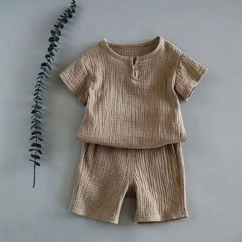 Summer childrens clothing set cotton linen sports baby girl boy 2-piece T-shirt suitable for children aged 1-6 250409