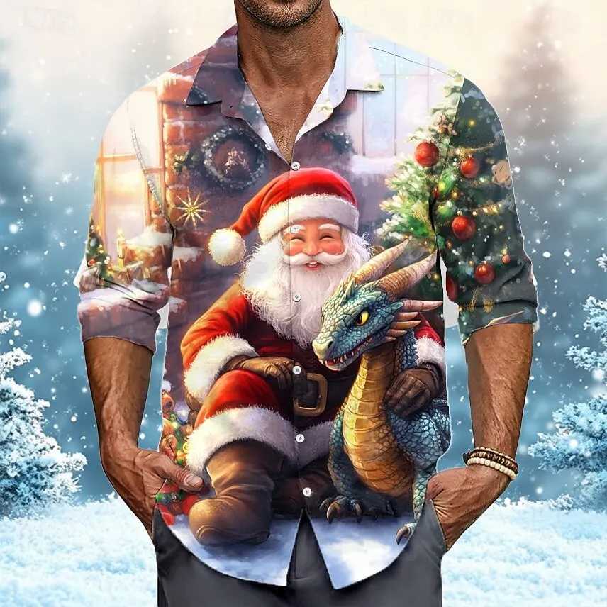 Christmas Mens Santa Claus Dragon funny christmas Shirt Button Up Shirt Long Sleeve Funny Christmas Gifts Holiday Spring Fall K251110