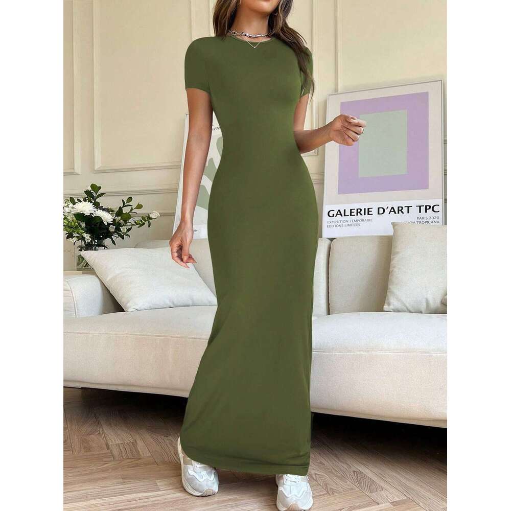 New Cross-Border Temu Amazon European and American Women's Fashion 2025 Spring Summer Export Solid Color Elegant Slim Short Sleeve Dress