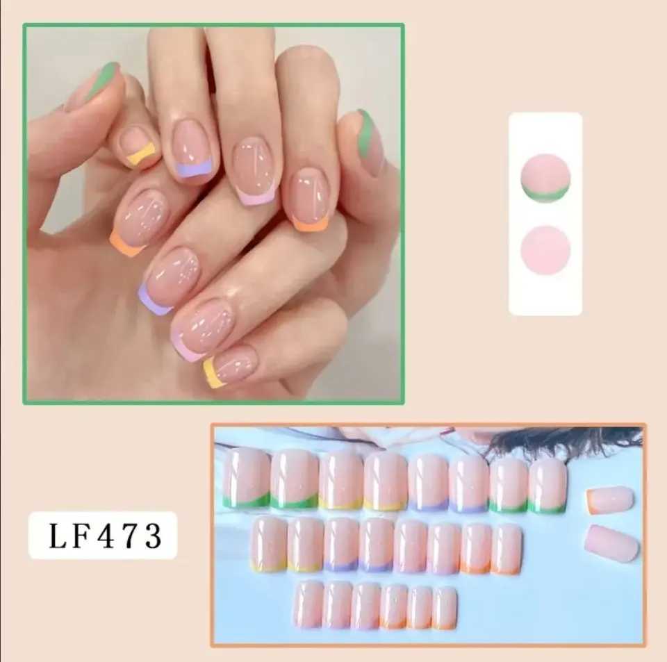 Square pressed nails short fake nails French pointed colored adhesive nails 24 smooth acrylic nails suitable for women and women W250410