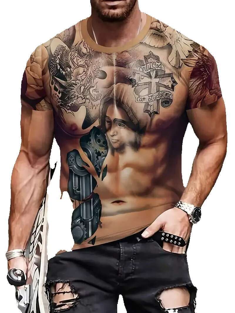 Men's summer clothing, 3D realistic muscle pattern printed T-shirt, casual streetwear style polyester short sleeved round neck T-shirt
