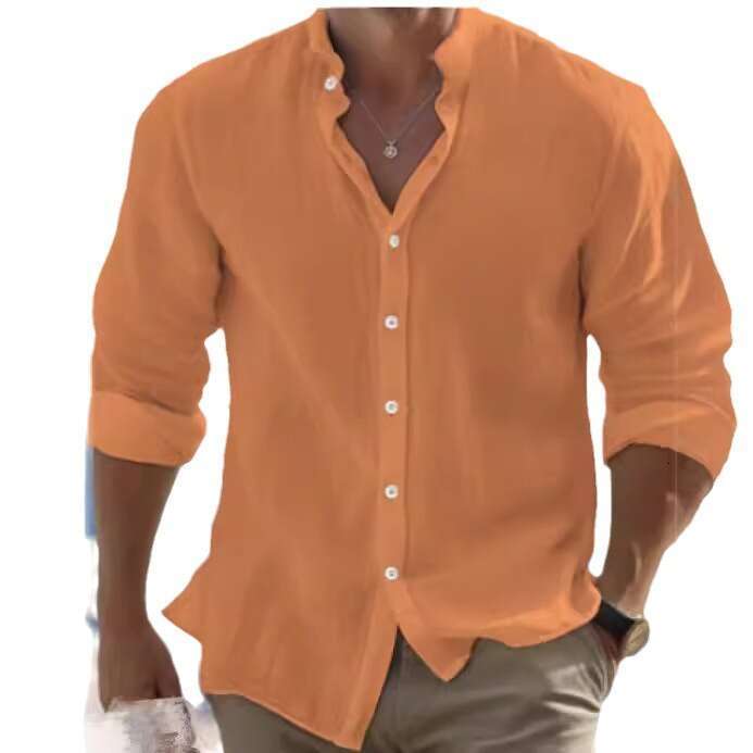 Cross-border Men's Linen Button-up Beach Shirt Long Sleeve Solid Color Stand Collar Spring Summer Casual Daily Clothing
