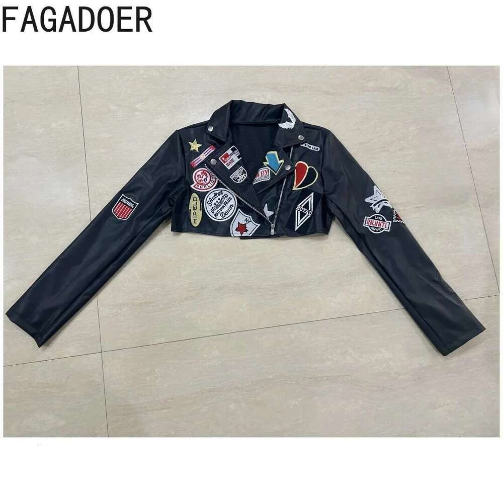 FAGADOER Y2k Punk Gothic Leather Women Cropped Lapel Letter Embroidery Moto Jacket Coat Short Female Streetwear New
