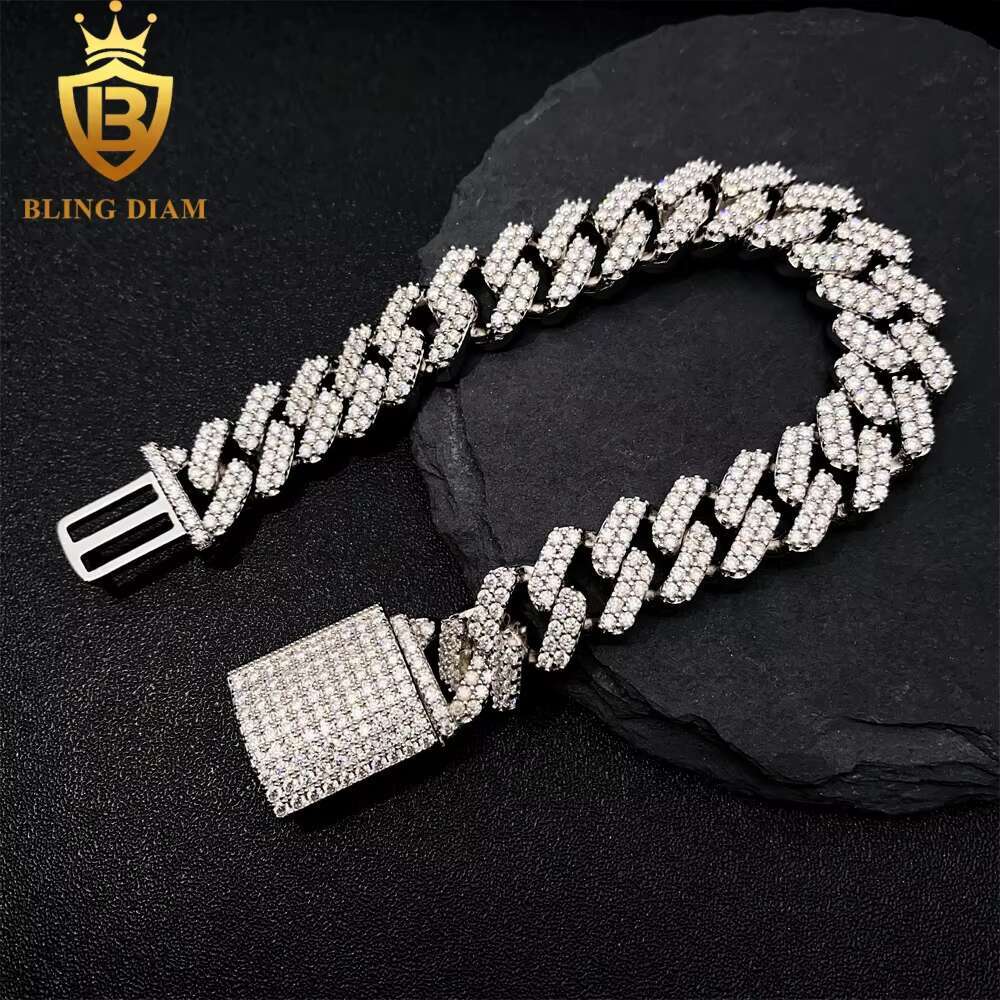 12.3mm Hip Hop Jewelry 925 Sterling Silver VVS Diamond Moissanite Iced Out Cuban Link Chain Bracelet Necklace