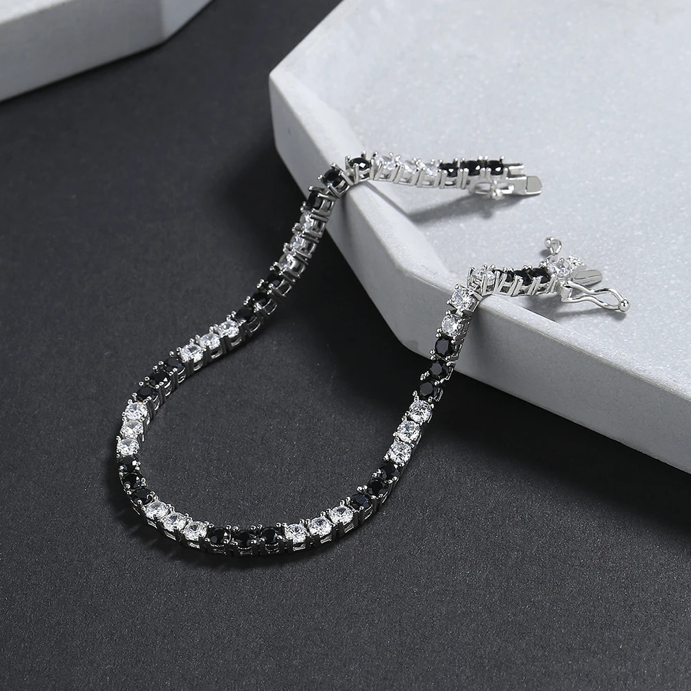 m S925 Silver Tennis Bracelet Pave Black Mix White Cubic Zircon 16-21CM Hiphop Rock Solid Fine Jewelry For Women/Men 250408