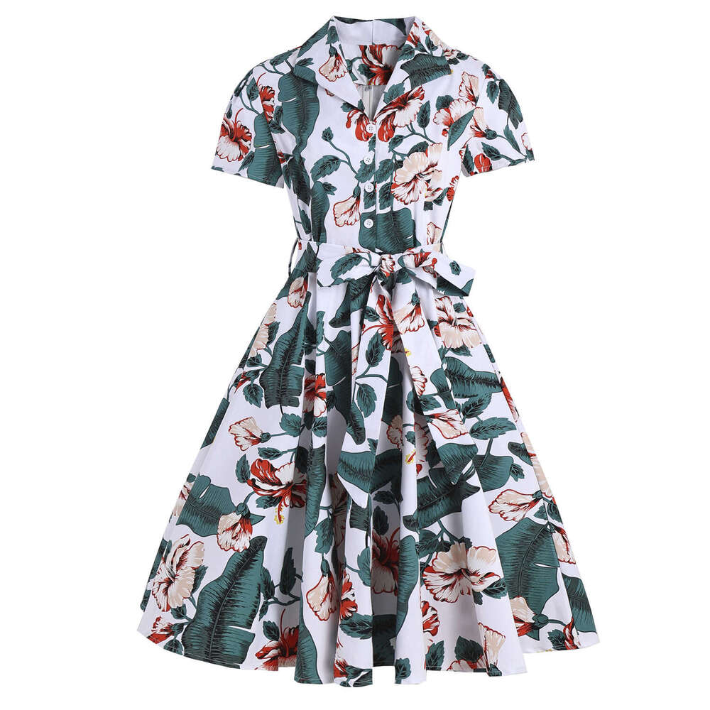 European and American Hepburn style retro sexy lapel open collar short sleeved fresh printed lace up big swing dress cotton belt 2025 new casual versa