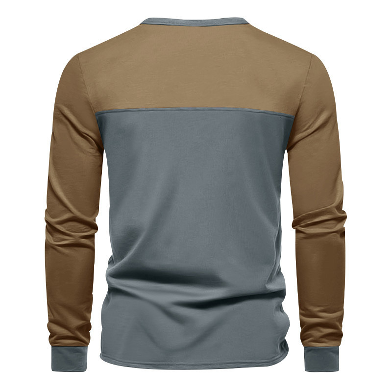 2025 autumn new American long sleeved color blocked Henry collar base shirt casual T-shirt for men