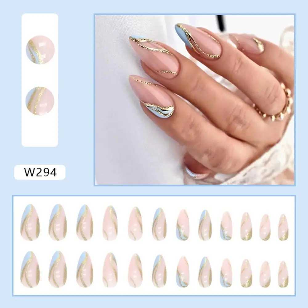 24 pieces of long almond fake nails French wave fake nail tips DIY complete set detachable W250410