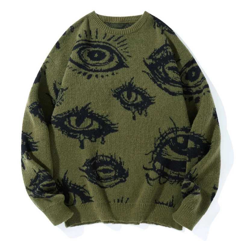 Fashion New American Trendy Men Sweater High Street Dark Eyes Printed Knit O Neck Long Sleeve Pullover Casual Loose High Street Knitwear Y251110