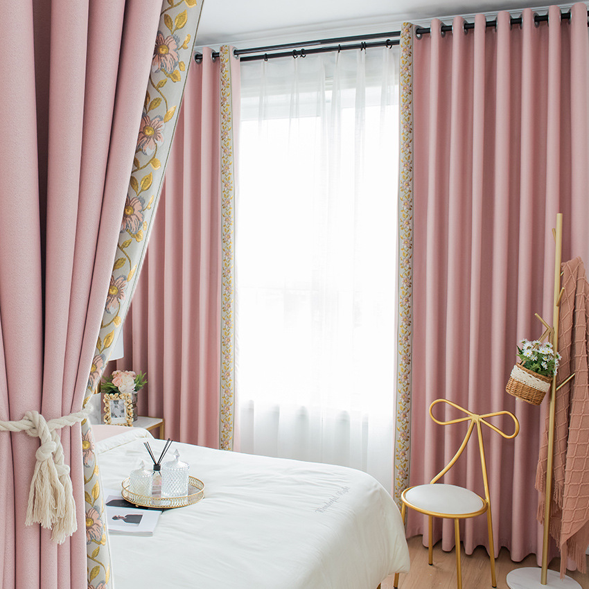 T0369 double-sided linen full blackout curtain cloth new Chinese style soundproof living room bedroom solid color splicing cotton and linen finished c