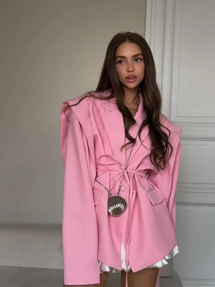 Trendy Oversized Womens Belt Blazer Suit Solid Loose Fit Slim Jacket Elegant Formal Female Coat Summer Outerwear Outfit 251110
