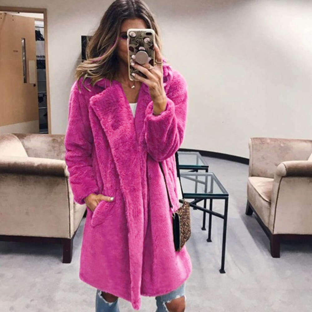 Autumn Winter Women's Mid-Length Suit Collar Faux Fur Coat Genuine Leather Luxury Style