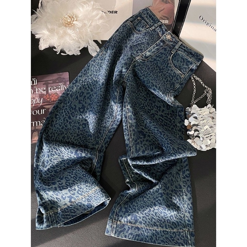 American Retro Leopard Print Jeans Loose and Versatile Trousers Womens Autumn Winter Heavy Industry Casual Pants Ins Z260313