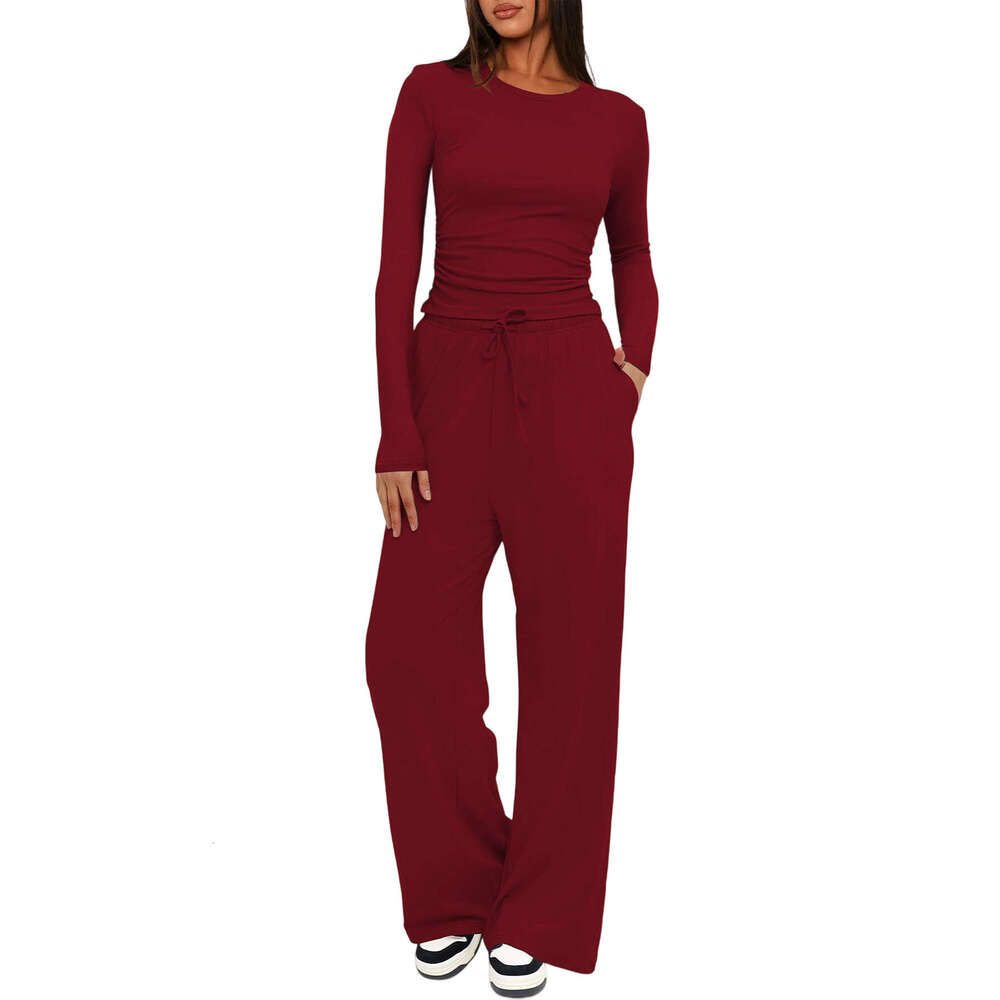 Hot-Selling Kardashian Solid Color Comfortable Wide-Leg Casual Pants Fashion Tie Suit Long Sleeve