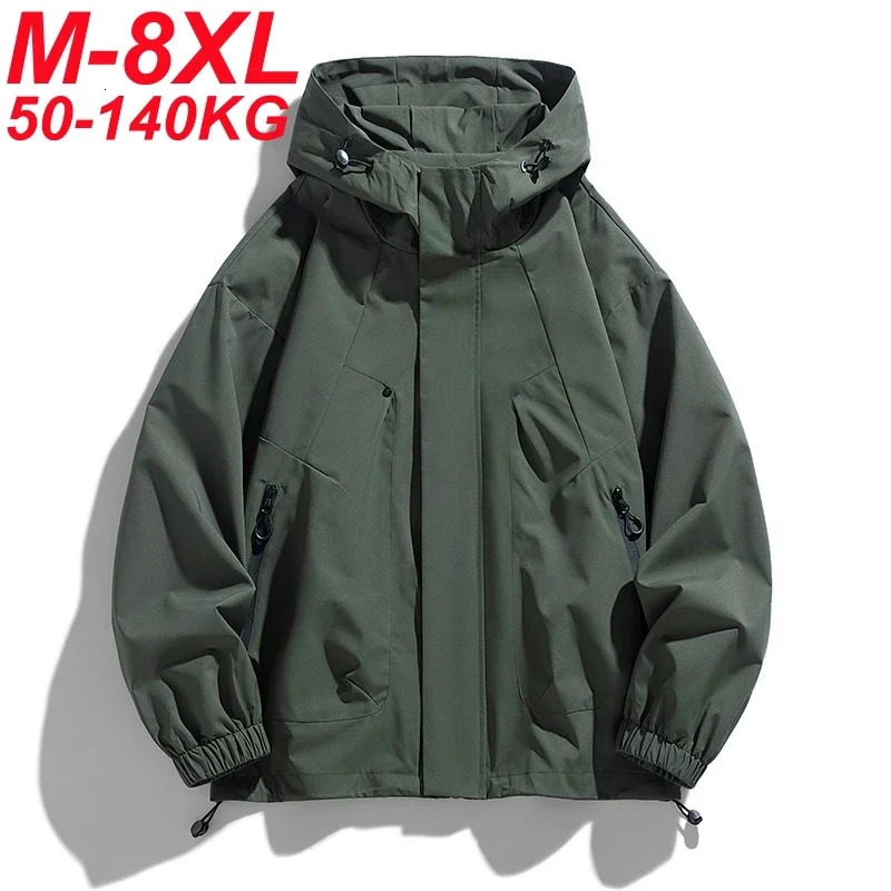 Large mens oversized jacket hooded waterproof and windproof mens large spring bomber jacket outdoor camping fishing hiking 250410