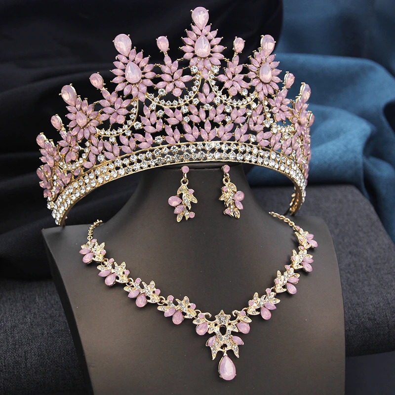 High Opal Pink Tiaras and necklace earrings Bridal Jewelry Sets for Women Brides Wedding Crown Prom Birthday Costume Accessories 250409