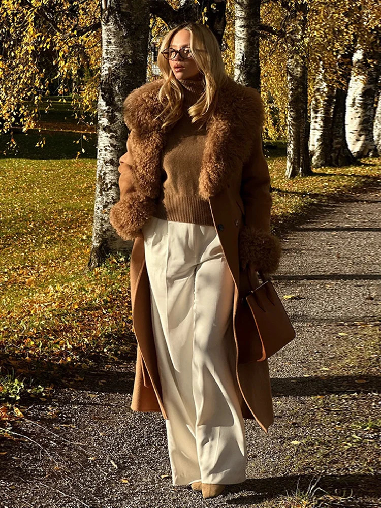 Fashion Fur Collar Woolen Overcoat Women Long Sleeve Double-breasted Lace Up Pocket Coat 2025 Autumn Winter Lady Street Outwear 251105